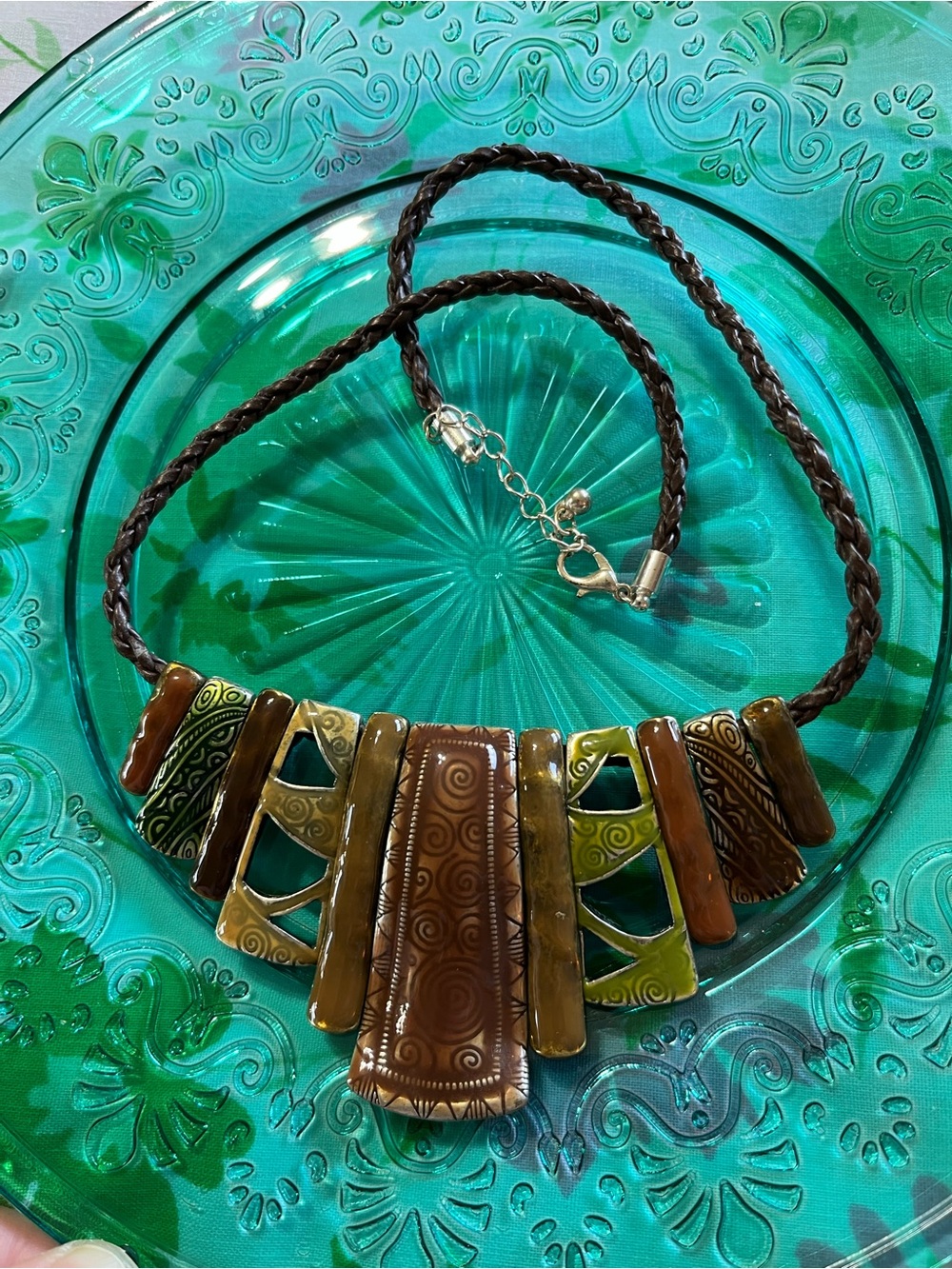 Vintage Boho Tribal Green Brown Enamel Bib Cord Costume Jewelry Necklace